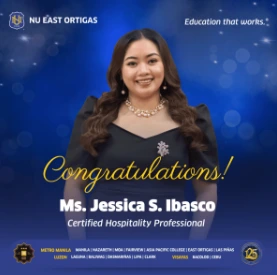 NU East Ortigas- Congratulations Ms. Ibasco for achieving Certified Hospitality Professional status by the Institute of Tourism and Hospitality Professionals